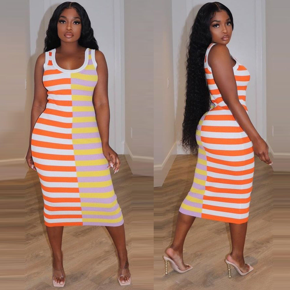 Vestido sexy sin mangas con cuello redondo y estampado a rayas para mujer de verano