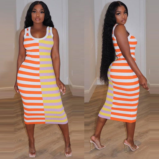 Summer Women Clothing Striped Printed round Neck Sleeveless Sexy Dress