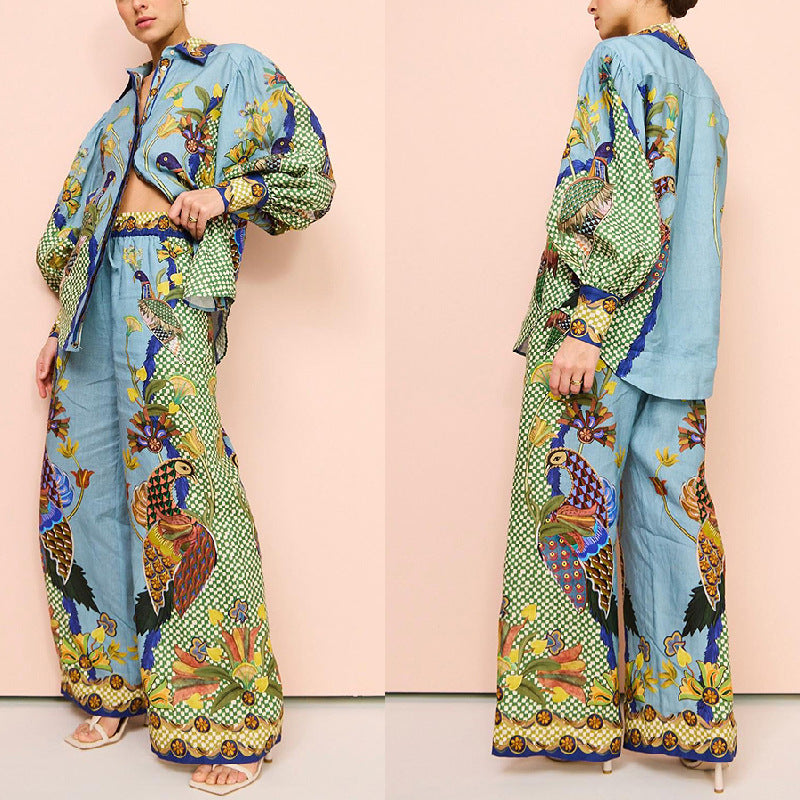Traje de dos piezas de encaje con mangas abullonadas y estampado personalizado de otoño para mujer, artesanía amplificada