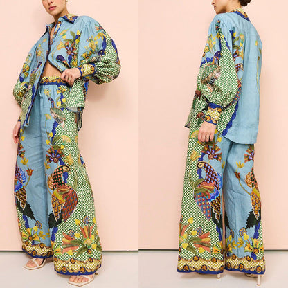 Traje de dos piezas de encaje con mangas abullonadas y estampado personalizado de otoño para mujer, artesanía amplificada
