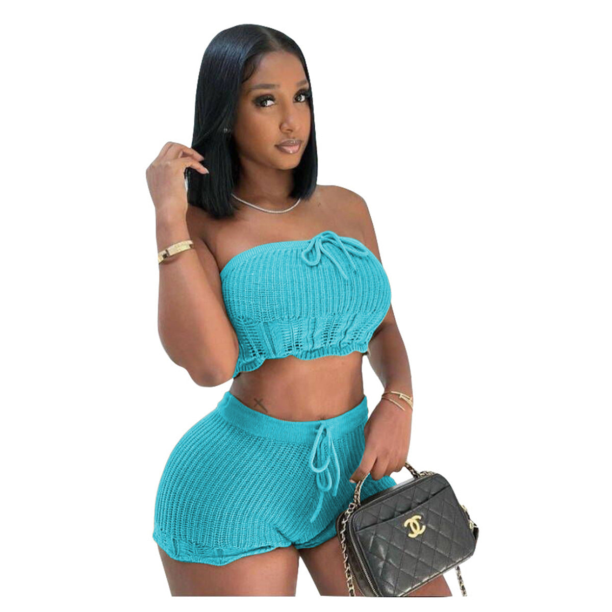 Conjunto de dos piezas de top y pantalones cortos de punto para mujer