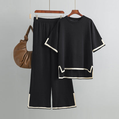Conjunto elegante de dos piezas con suéter de manga corta con abertura en color de contraste y cintura alta, pantalones anchos y adelgazantes