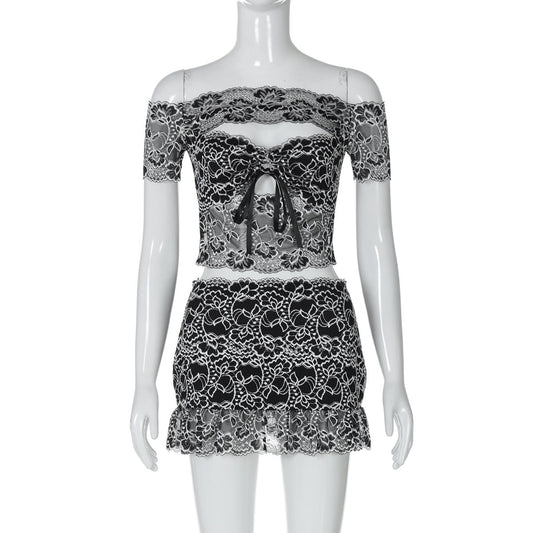 Arrival Sexy Sleeve Chest Wrapped Hollow Out Cutout Top Ultra Short Sheath Slim Fit Skirt Lace Women