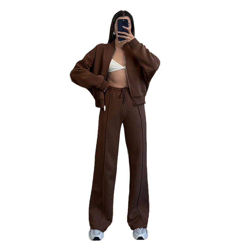 Conjunto de cárdigan con cremallera de color liso para mujer, pantalones rectos informales, otoño e invierno