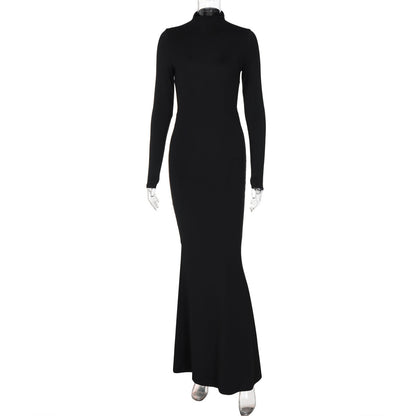 Vestido largo de otoño para mujer, color liso, medio cuello, manga larga, sexy, personalizado, espalda descubierta
