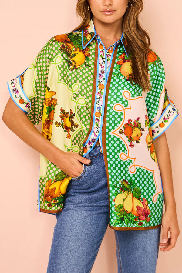 Camisa de satén estampada de manga corta con cuello y pantalones, traje informal de dos piezas, artesanía amplificada