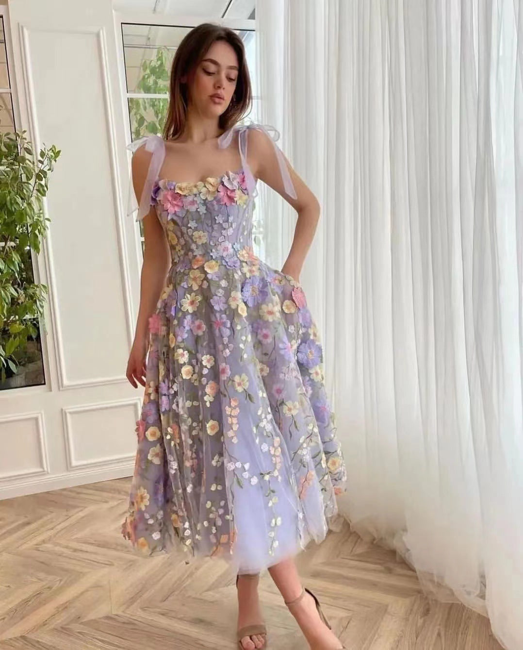 Vestido camisero sexy de organza con bordado floral tridimensional para mujer