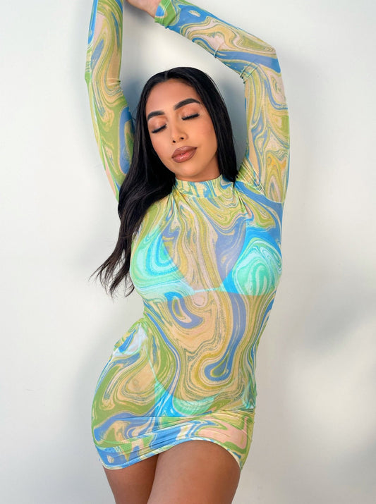 Sheer Mesh Long Sleeve Dress Autumn Mesh Floral Print Slim Sexy Long Sleeve Dress