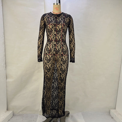 Women Clothing Spring Summer Solid Color Lace See through Long Sleeve Mid Length Dress