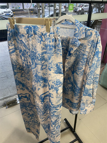 Conjuntos de camisa de manga larga con cordones y estampado francés para mujer, pantalones anchos de cintura alta