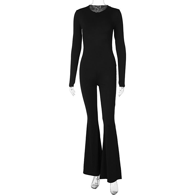 Mono ajustado con mangas largas y espalda descubierta para mujer, pantalón acampanado, sexy, para otoño e invierno
