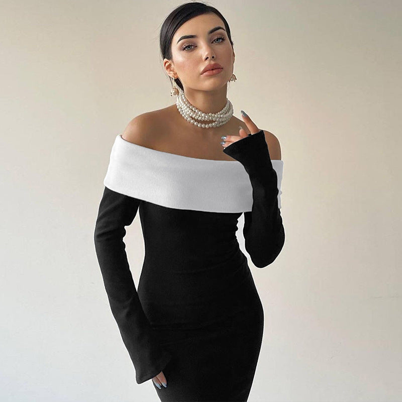 Vestido largo adelgazante de manga larga con hombros descubiertos y contraste de colores para mujer Otoño Invierno