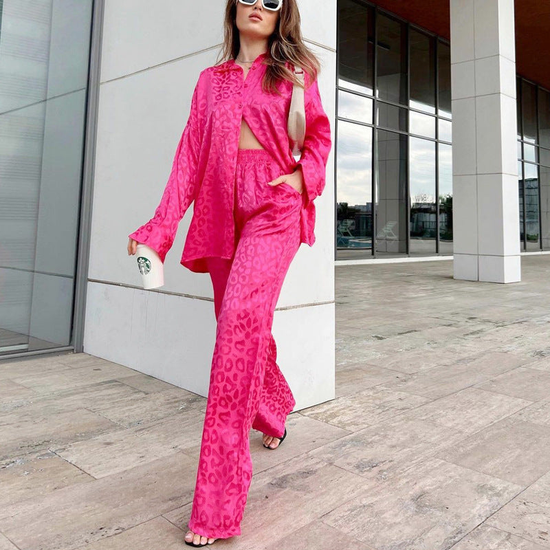 Conjunto de dos piezas formado por camisa de manga larga y pantalón holgado con cintura elástica y estampado de leopardo para mujer, primavera y otoño