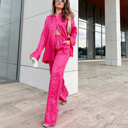 Conjunto de dos piezas formado por camisa de manga larga y pantalón holgado con cintura elástica y estampado de leopardo para mujer, primavera y otoño