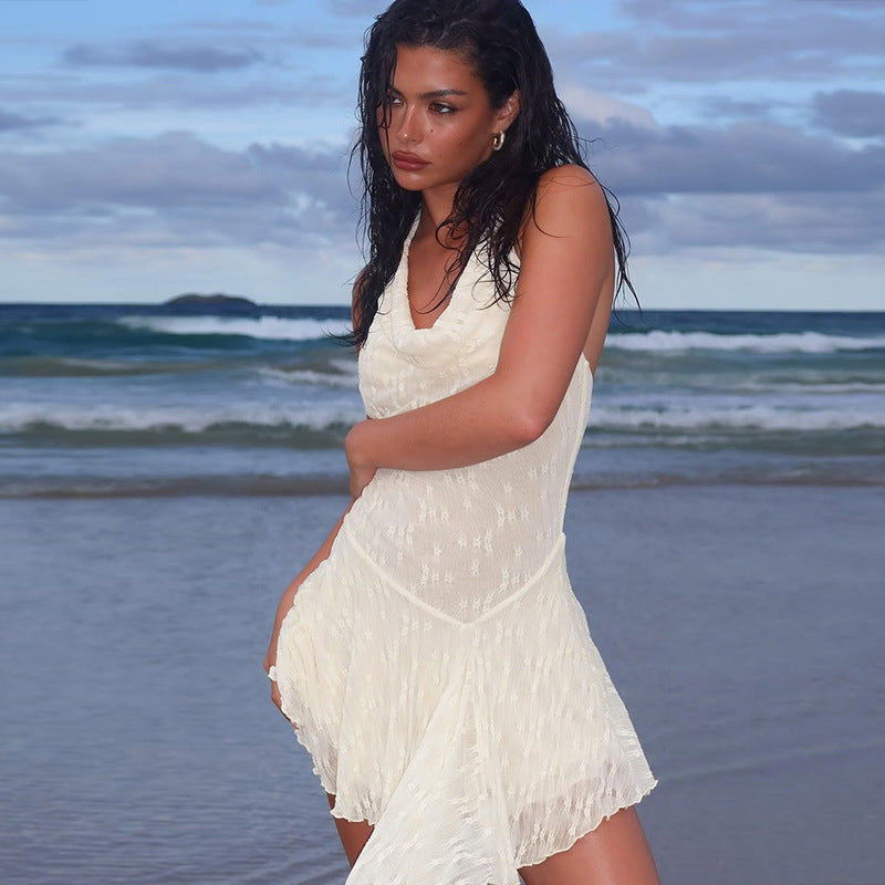 Vestido corto sexy con espalda descubierta y cuello halter con costuras de encaje para mujer