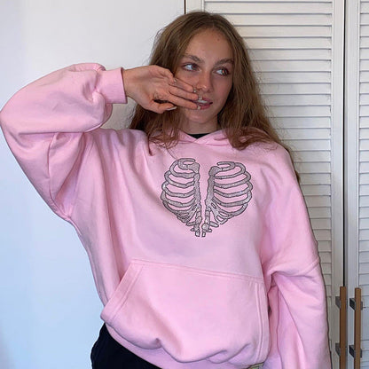 Sudadera con capucha holgada con diseño de esqueleto y diamantes de imitación para mujer, otoño e invierno