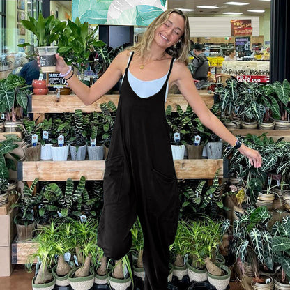 Pantalones casuales de mujer de color sólido sueltos de alta elasticidad con tirantes, pantalones de harén de calle sueltos de una pieza, pantalones de verano