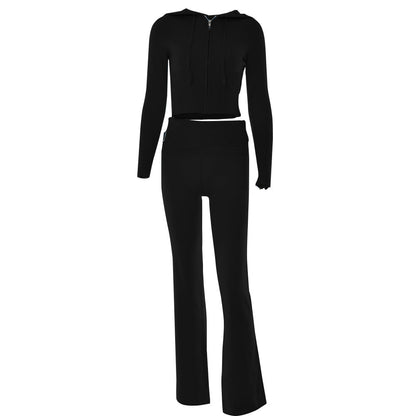 Conjunto de dos piezas de pantalones y mangas largas con cintura alta y capucha de punto para mujer