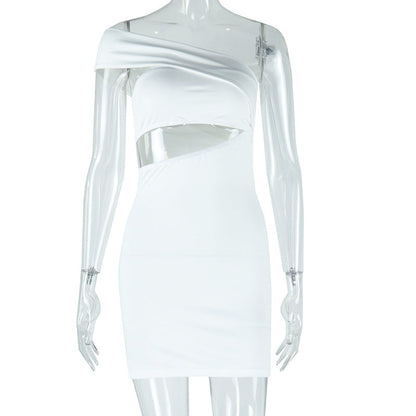 Vestido sexy de color liso para mujer, cuello diagonal, hombros descubiertos, sin mangas, a la cadera