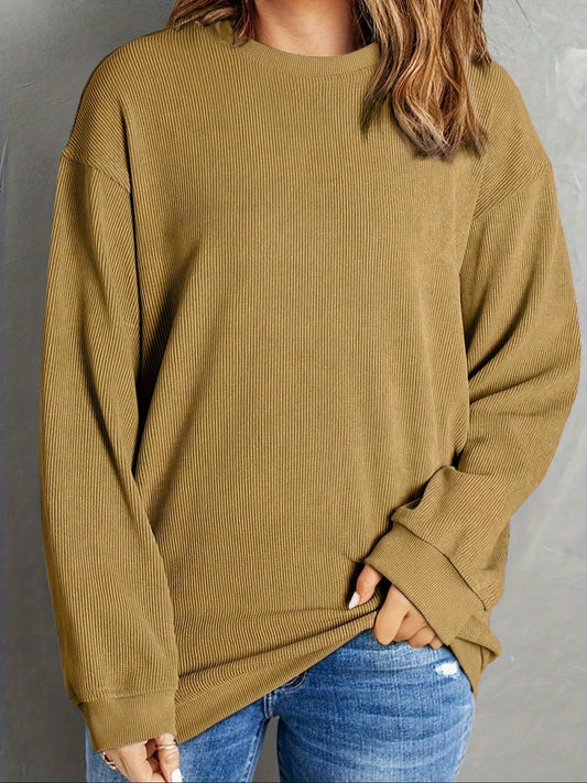 Top de manga larga cálido con cuello redondo de color liso para mujer de otoño e invierno