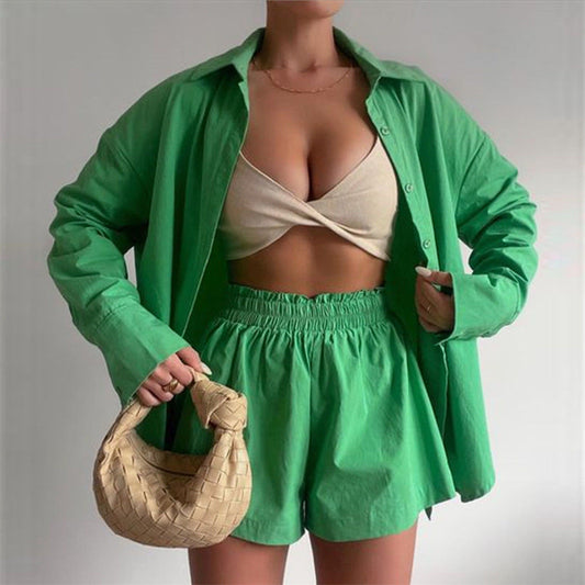 Conjunto de dos piezas de primavera y verano, color liso, botonadura sencilla, camisa de manga larga con cuello y pantalones cortos, conjunto informal holgado