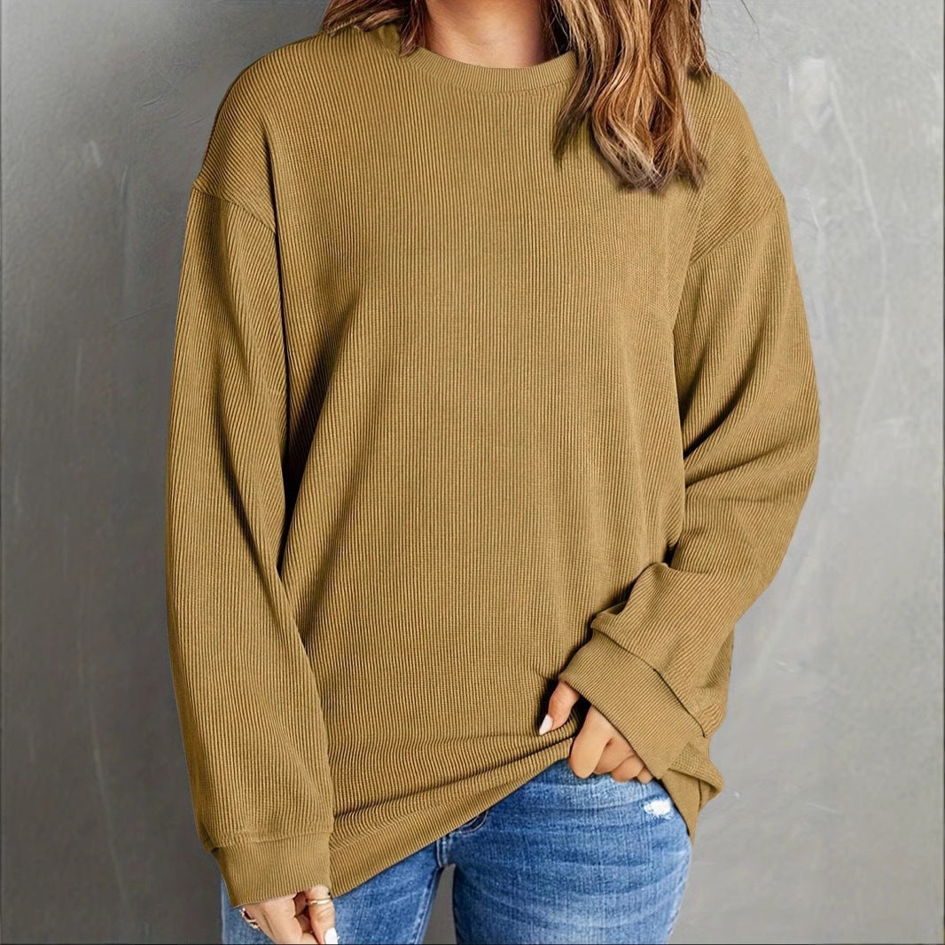 Top de manga larga cálido con cuello redondo de color liso para mujer de otoño e invierno