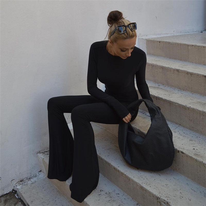 Mono de manga larga con cuello redondo, corte entallado, sin espalda, prenda exterior, pantalones de una pieza con cintura alta y realce de cadera, pantalones acampanados para mujer