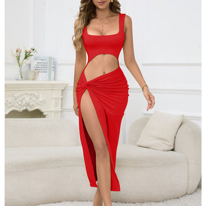 Vestido maxi de mujer con tirantes, color liso, calado, recortado, sexy