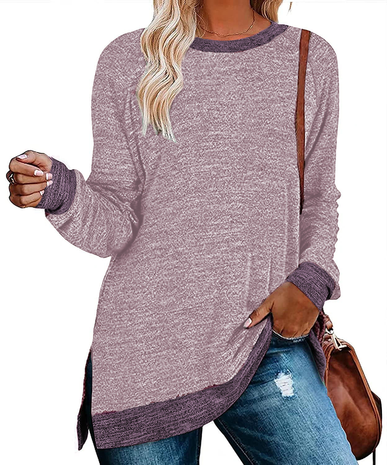 Camiseta informal holgada de manga larga con cuello redondo y abertura multicolor para mujer