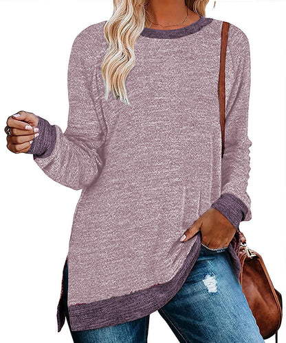 Camiseta informal holgada de manga larga con cuello redondo y abertura multicolor para mujer