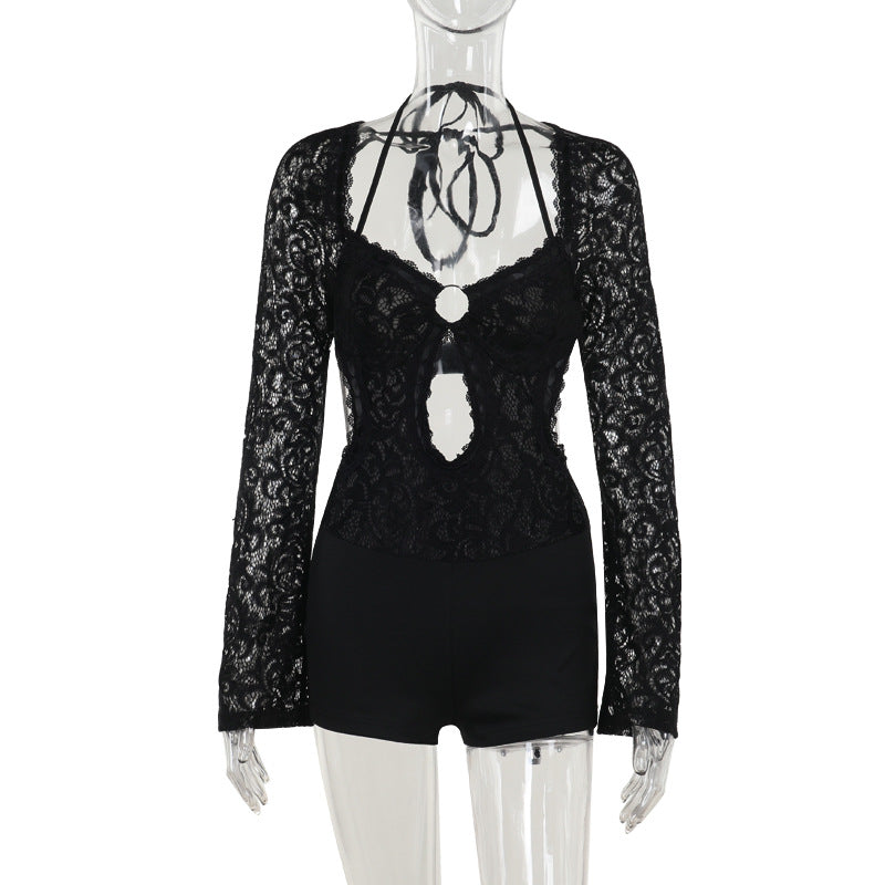 Mono de manga larga con encaje ajustado, elegante y sexy de otoño para mujer