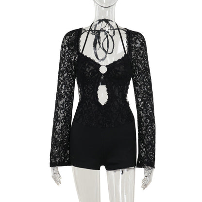 Mono de manga larga con encaje ajustado, elegante y sexy de otoño para mujer