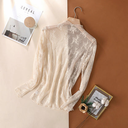Camisa de encaje de alta gama para mujer, top de malla de manga larga ajustado popular, ropa interior sexy, camisa pequeña de primavera y otoño