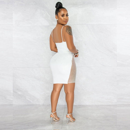 Vestido sexy ajustado de malla con tirantes de diamantes de imitación