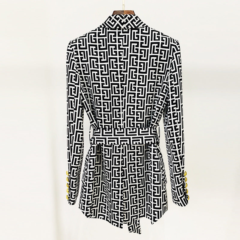 Blazer cruzado de longitud media con cuello de fruta verde y estampado de laberinto de cinturón