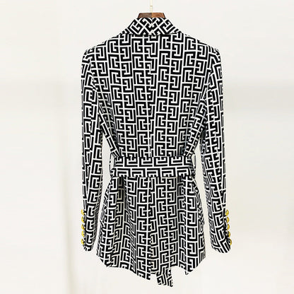 Blazer cruzado de longitud media con cuello de fruta verde y estampado de laberinto de cinturón