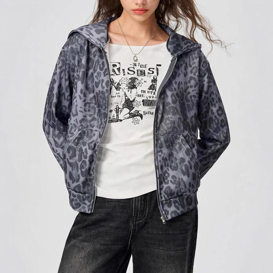 Chaqueta con capucha y estampado de leopardo vintage para otoño e invierno para mujer