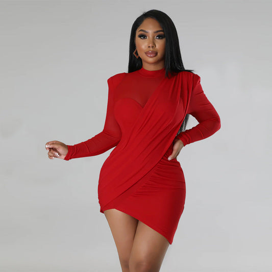 Women Mesh Stitching See-through Patch Waist Dress