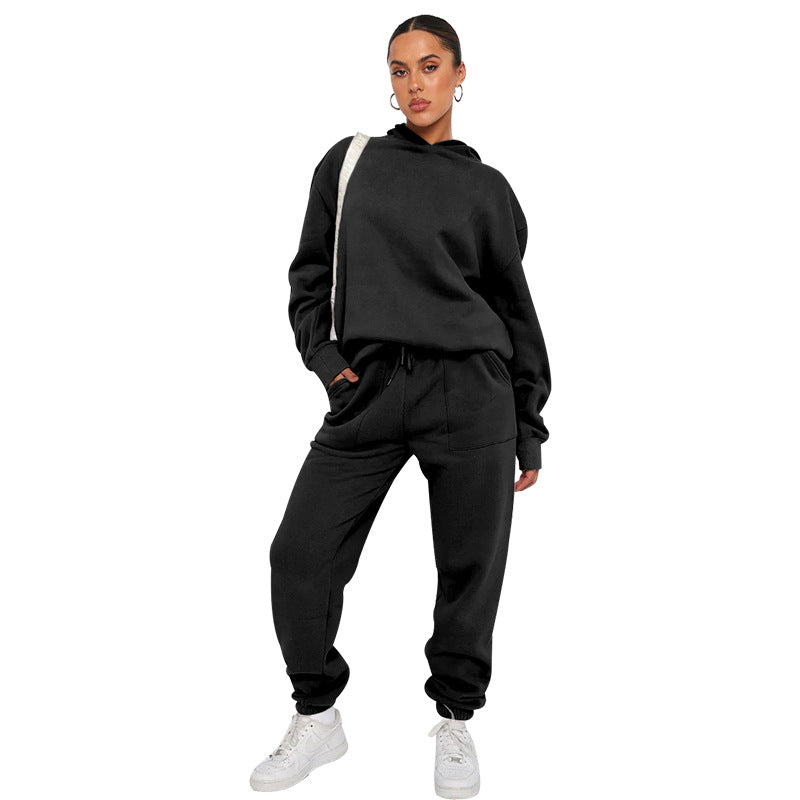 Suéter de manga larga con capucha de color liso para mujer, ropa informal, pantalones, traje, otoño e invierno