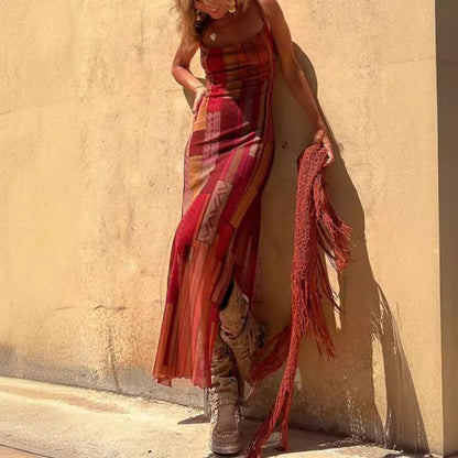 Vestido sexy de tul con tirantes finos, estampado sin mangas y elástico