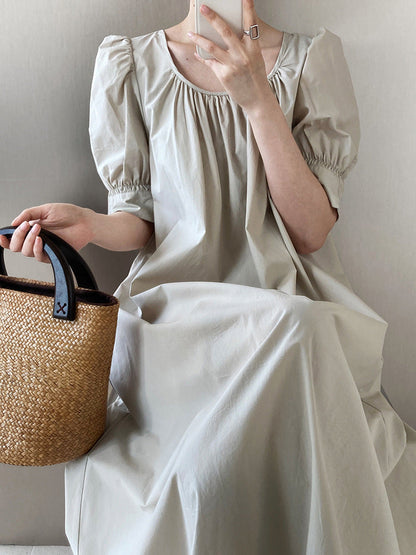 Puff Sleeve Mid Length Dress Loose Slimming A line Dress