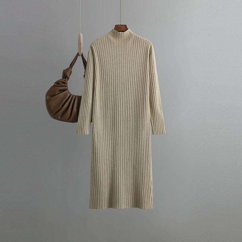 Vestido de punto para mujer, otoño-invierno, cuello alto, largo medio, suéter elegante por encima de la rodilla