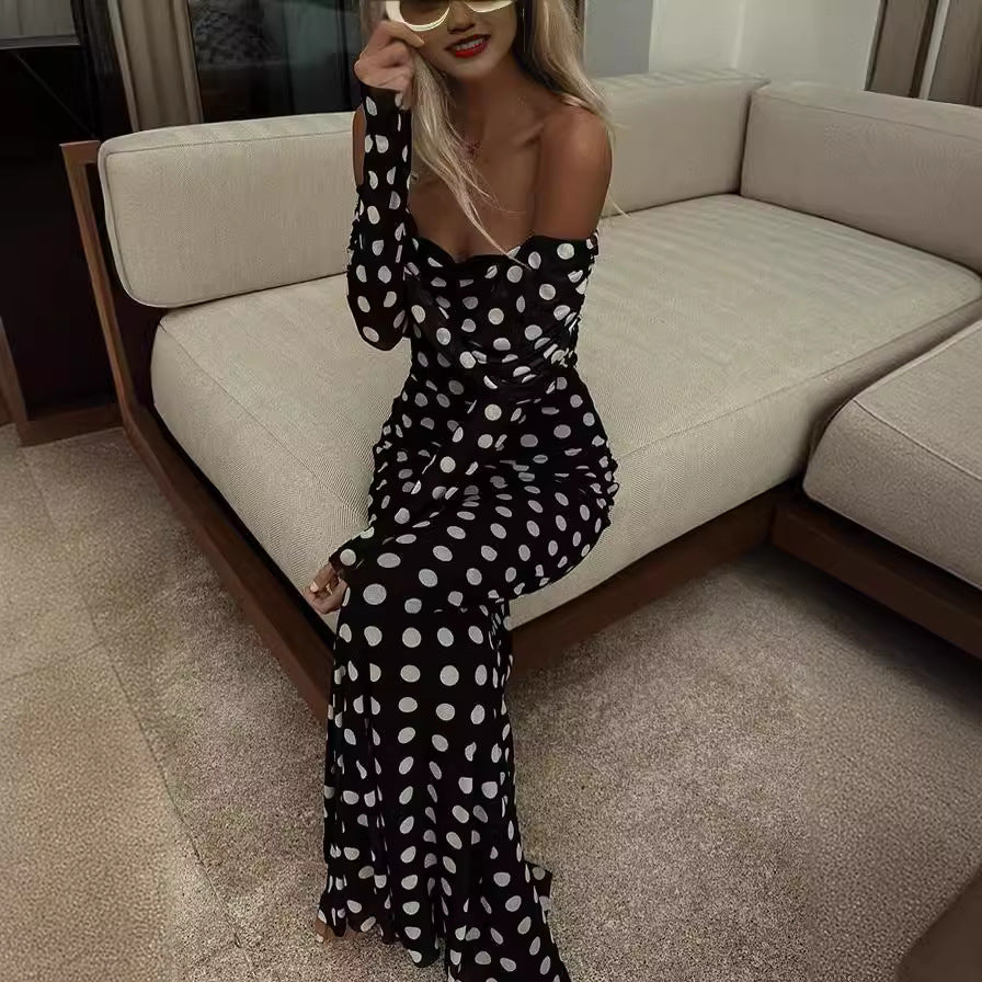 Vestido ajustado sexy con hombros descubiertos y costura de lunares de gasa para primavera y verano para mujer