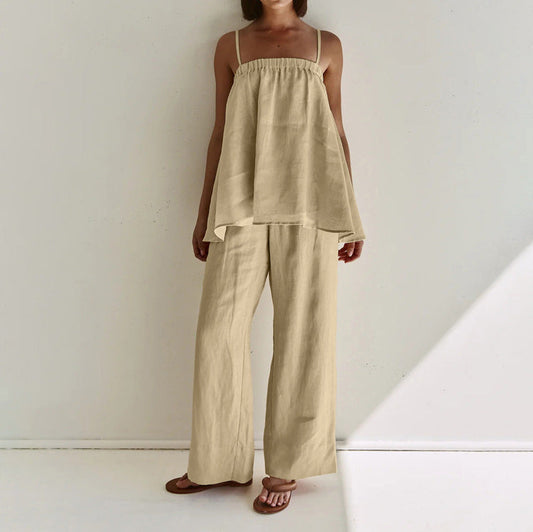 Ropa de mujer, camisola sexy abullonada, pantalones de pierna ancha, traje sexy de verano, traje de dos piezas
