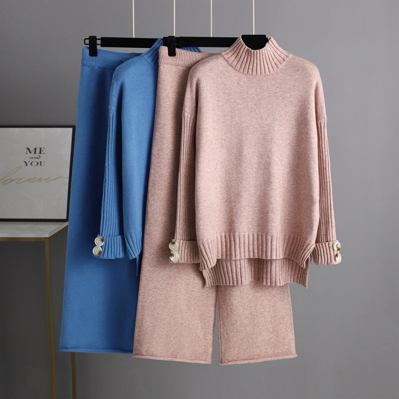 Conjunto de dos piezas de jersey de cuello alto y manga larga para mujer, traje de punto de otoño e invierno, ropa exterior gruesa y holgada.