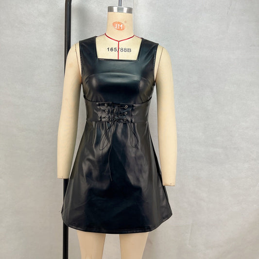 Vestido mini sin mangas adelgazante con cordones de color liso con cuello cuadrado y cintura de piel sintética para mujer