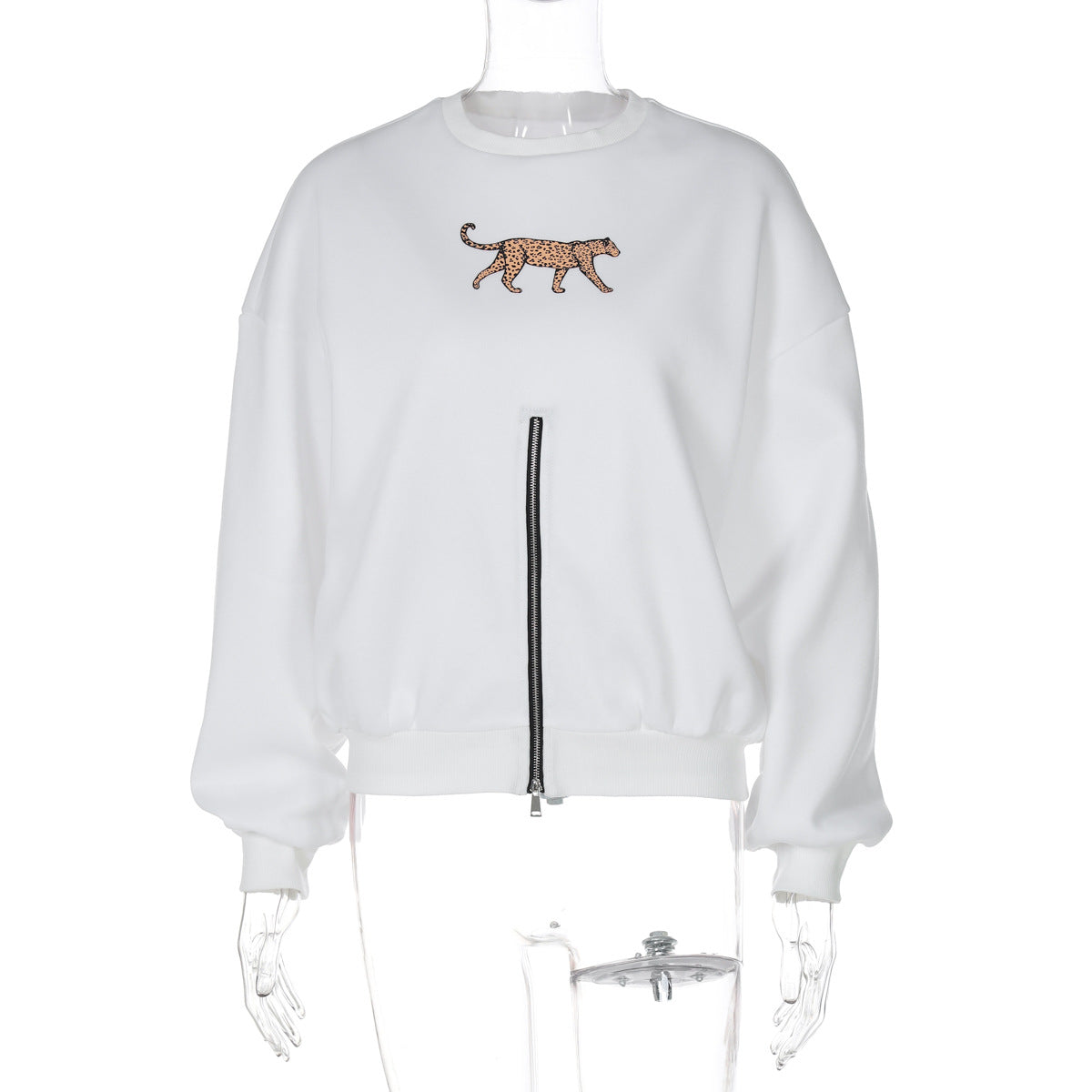 Ropa de mujer, abrigo informal holgado de manga larga con estampado de leopardo y cuello redondo con cremallera para invierno