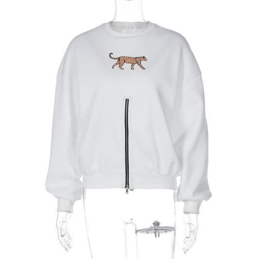 Ropa de mujer, abrigo informal holgado de manga larga con estampado de leopardo y cuello redondo con cremallera para invierno