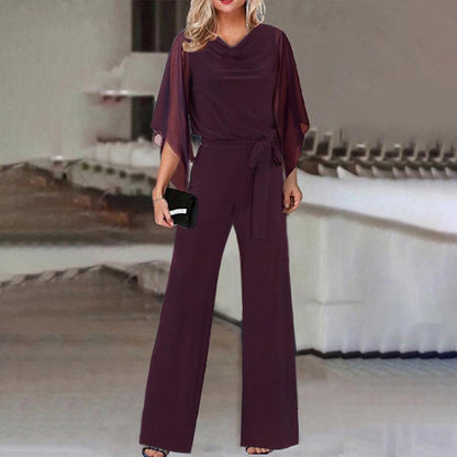 Mono informal de verano de color liso con cintura alta y cordones, pantalones de pierna recta para mujer