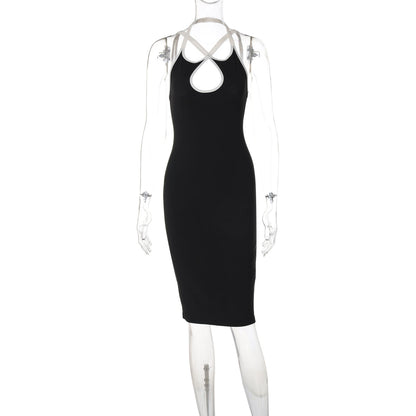Contrast Color Hollow Out Cutout Slim Fit Dress Women Clothing Spring Halter Backless Lace up Hip